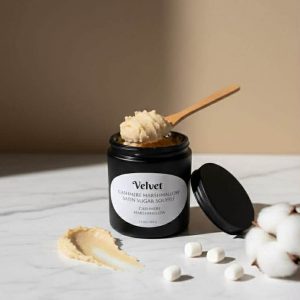Cashmere Marshmallow Satin Sugar Soufflé whipped brown sugar body scrub with pomegranate oil