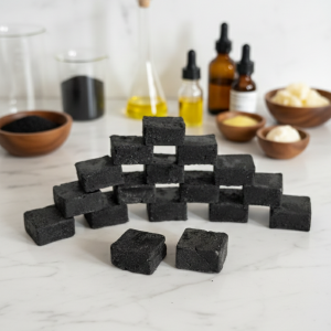 Neatly arranged jet-black charcoal exfoliating body cubes on a white marble surface, surrounded by natural skincare ingredients including botanical oils, vanilla beans, and bowls of activated charcoal and mango butter.