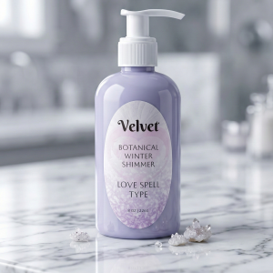 A lavender-colored 8 oz pump bottle of Velvet Botanical Winter Shimmer Lotion in the "Love Spell Type" scent, displayed on a white marble countertop with small decorative crystals. The oval label features the Velvet logo and soft purple floral accents.