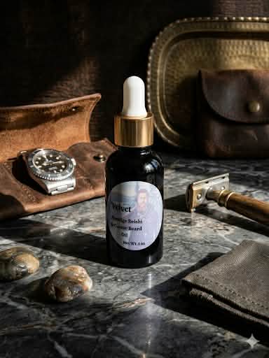 A dark glass bottle with a gold dropper cap and white bulb, sitting on a dark grey marble surface with white veining, is the center of this product photo for "Velvet Prestige Reishi & Castor Beard Oil." The lighting is direct, casting a crisp diagonal shadow from the bottle and neighboring objects across the surface to the left. To the left, a luxury watch with a black face and stainless steel band rests inside a worn brown leather travel roll. Two polished stones sit nearby on the marble. To the right of the bottle, a vintage-style gold safety razor stands on its end. The background includes a dark green textured velvet wall and a tarnished oval brass tray with a brown leather pouch on it.
