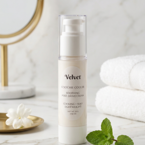 White bottle of Velvet Coochie Cooler soothing post‑shave cream on a marble countertop, placed beside folded white towels, a gold‑rimmed mirror, a small gold tray with a white flower, and fresh mint leaves in a soft spa‑style setting