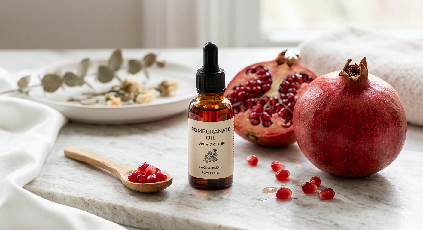 A professional skincare product shot featuring an amber glass dropper bottle labeled 'Pomegranate Oil' standing on a white marble surface. Next to the bottle is a whole pomegranate, a halved pomegranate showing red seeds, and a wooden spoon filled with seeds. The background is bright and airy with soft natural light.